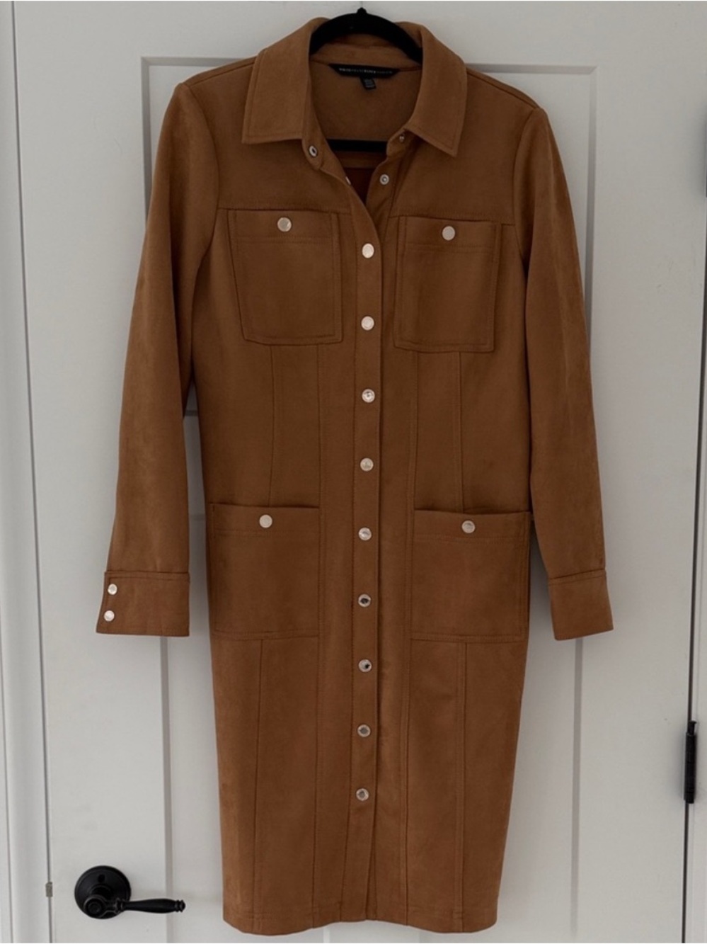 Perfect for fall weather-Classic Camel Suede Button-Front Coat